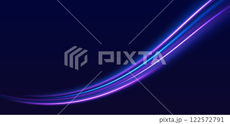 Speed police line. Laser beams, horizontal light rays. Magic shining neon light line trails. Purple glowing wave swirl, impulse cable lines. High speed effect motion blur night lights 122572791