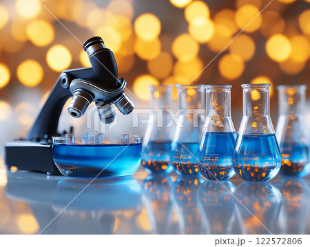 Microscope and glass flasks with blue liquid on a reflective surface Microscope and glass flasks with blue liquid on a reflective surface 122572806