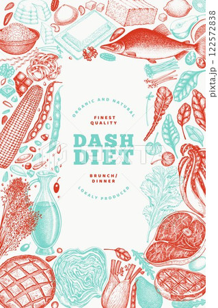 Dash Diet Design Template. Vector Hand Drawn Healthy Food Banner. Vintage Style Menu Illustration. Dash Diet Design Template. Vector Hand Drawn Healthy Food Banner. Vintage Style Menu Illustration. 122572838