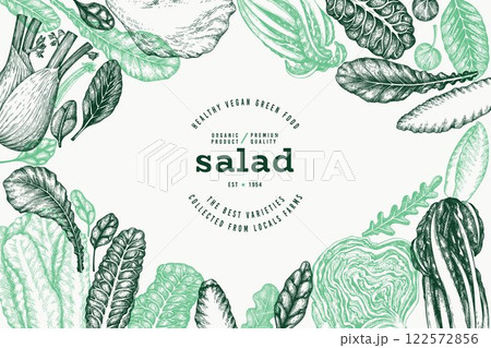 Green Vegetable Design Template. Vector Hand Drawn Healthy Leaf Salad Banner. Vintage Style Menu Illustration. 122572856