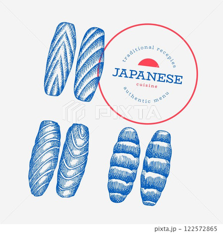 Japanese Cuisine Illustration. Sushi Hand Drawn Vector Illustrations. Retro Asian Food Isolated Image. 122572865