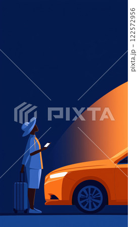 traveler with suitcase checks their phone as ride sharing car arrives 122572956