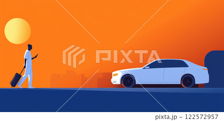 traveler with suitcase approaches ride sharing car at sunset 122572957