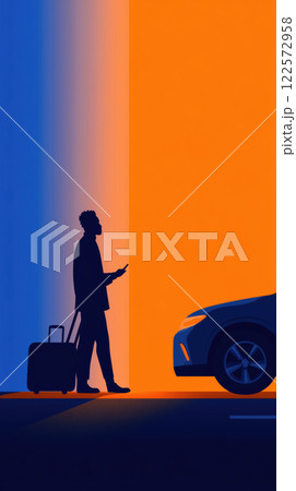 traveler with suitcase waits for ride sharing car in vibrant setting traveler with suitcase waits for ride sharing car in vibrant setting 122572958
