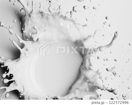 Dynamic splash of white liquid captured mid-air with detailed droplets Dynamic splash of white liquid captured mid-air with detailed droplets 122572996