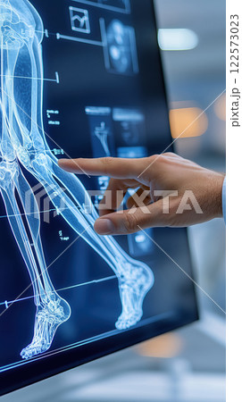 close up of doctor examining MRI scan of leg, showcasing detailed anatomy 122573023