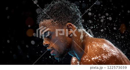 Swimmer with water droplets on skin, showing intense focus and determination Swimmer with water droplets on skin, showing intense focus and determination 122573039