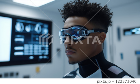High tech swimmer wearing diagnostic goggles in medical facility 122573040