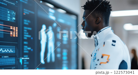 focused athlete analyzing diagnostic data on digital screen focused athlete analyzing diagnostic data on digital screen 122573041