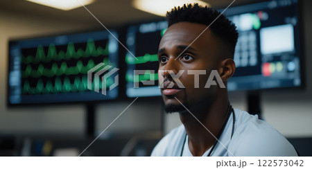 focused man in medical setting, observing diagnostic screens intently focused man in medical setting, observing diagnostic screens intently 122573042