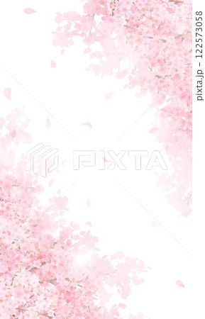 美しい薄いピンク色の桜の花と花びら春の白バックiPhoneなど縦長画面サイズの背景素材イラスト 122573058