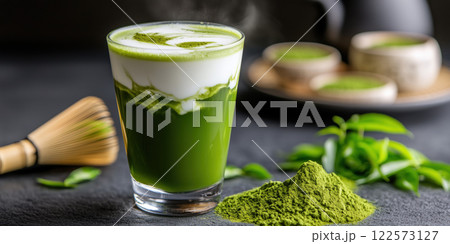 Iced matcha latte in tall glass with swirling milk and matcha powder 122573127