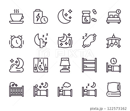 Sleep icons. Line bed. Night dream. Pillow and blanket. Moon at sky. Insomnia in bedroom. Outline nap sign. Hotel comfort. Battery time. Cradle bedding. Sleeping pill. Vector symbols set Sleep icons. Line bed. Night dream. Pillow and blanket. Moon at sky. Insomnia in bedroom. Outline nap sign. Hotel comfort. Battery time. Cradle bedding. Sleeping pill. Vector symbols set 122573162