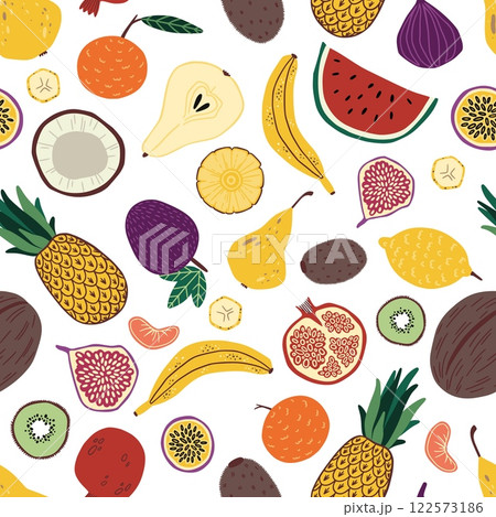 Fruits seamless pattern. Tropical background. exotic fresh food. Decor textile, wrapping paper, wallpaper. Print for fabric. Watermelon and banana. Cartoon flat isolated vector illustration 122573186