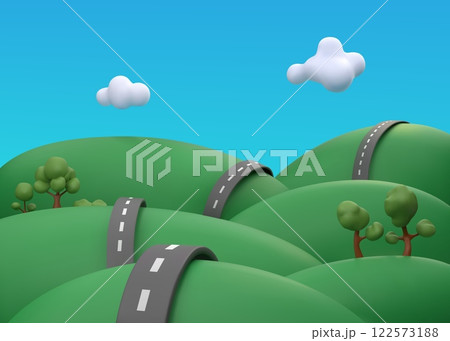 3D roads. Summer hills. Car drive roadway. Green grass. Country trip. Sky clouds. Highway route. Countryside scenic landscape. Nature trees. Asphalt speedway. Vector render background 3D roads. Summer hills. Car drive roadway. Green grass. Country trip. Sky clouds. Highway route. Countryside scenic landscape. Nature trees. Asphalt speedway. Vector render background 122573188