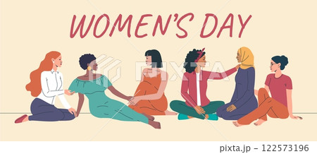 International woman day. Happy arab woman in hijab, group of empowerment and feminism support. Banner design. Celebration sitting girls. Cartoon flat style isolated vector background 122573196