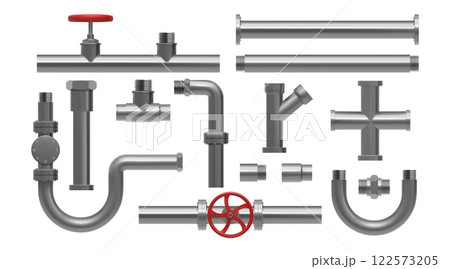 Metal plumbing pipe. 3D steel water tube. Stainless iron plumb or pipeline for fitting gas industry. Taps and valves. Industrial drainage system. Sewerage construction parts vector set 122573205