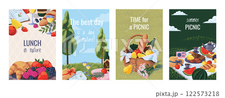 Spring picnic. Summer food basket on blanket, family party background with cartoon snack, grass and lunch. Wicker basket, sweet snack, outdoor dinner. Hand draw isolated vector poster set 122573218