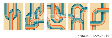 Retro background. 70s line vintage pattern. Abstract graphic curve path with geometric 60s design. Minimalist art print. Striped ribbons. 1970s or 80s rainbow elements. Vector posters set 122573219