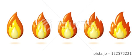 3D fire. Hot flame emoji. Gas burn render for emoticon or heat explosion shape. Orange energy power. Inferno blaze. Campfire ignition. Bonfire combustion. Warning symbol. Vector icons set 122573221