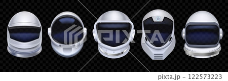 Astronaut helmet. 3D space suit. Spaceman uniform. Spacesuit with glass reflection. Cosmonaut on spaceship. Galaxy explorer equipment. Protective headwear. Vector cosmic objects set 122573223