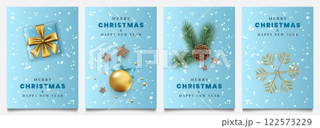 Merry xmas. Christmas card or poster design. Realistic isolated elements. gift, winter tree with toys, gold snowflakes. Holiday greeting postcard. Elegant invitation. Vector illustration 122573229