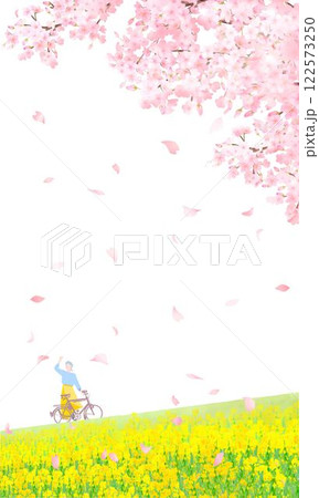 桜の木と菜の花の咲く土手沿いー自転車をひく女性ー人物ベクターイラスト白バック縦長画面サイズ背景素材 122573250