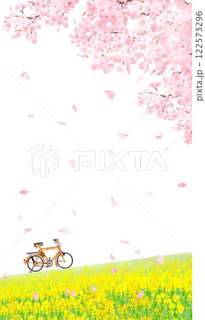 桜の木と菜の花の咲く土手沿いー自転車ーベクターイラスト白バックiPhone用縦長画面サイズ背景素材 122573296
