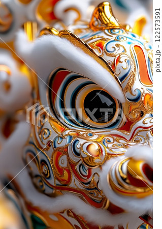 Chinese lion dance costume features detailed swirls, bold gold highlights, and dynamic vibrant hues representing traditional artistry and festive spirit with cultural pride. 122573591