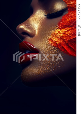 African woman portrait radiates fiery crimson tones blending with vivid golden accents, symbolizing passion, vitality, and fearless creativity. Dynamic contrasts evoke strength and vibrant energy i 122573595