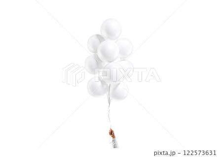Hand holding blank white sphere balloon bouquet mockup, isolated Hand holding blank white sphere balloon bouquet mockup, isolated 122573631