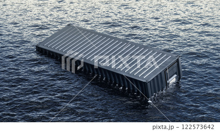 Blue metal cargo container floating in water background 122573642