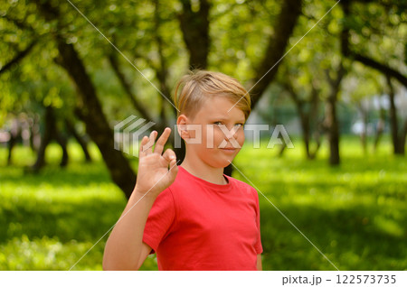 Portrait of a beautiful Caucasian boy who looks into the camera, against the background of garden. 122573735