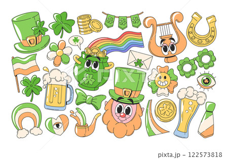 Patrick day groovy elements, treasure, clover symbol and kawai leprechaun character isolated set Patrick day groovy elements, treasure, clover symbol and kawai leprechaun character isolated set 122573818