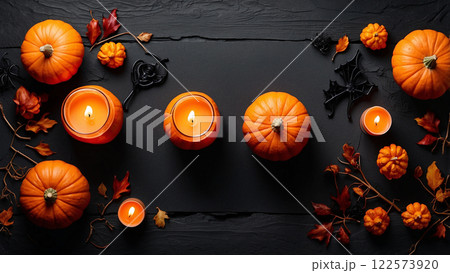 Happy halloween banner template. Flat lay composition with pumpkin and candles on black background. 122573920