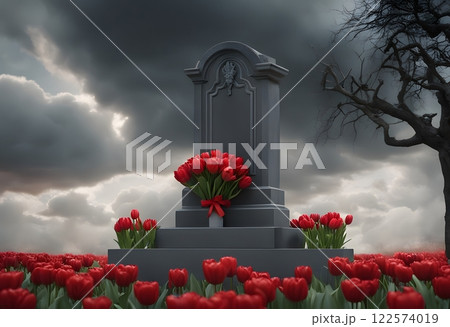 A serene landscape of a cemetery with dark clouds overhead, featuring a bright bouquet of red tulips placed at the base of a gravestone, symbolizing love and loss 122574019