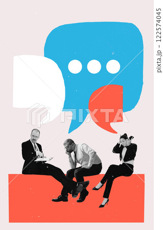 Team, workers sitting with speech bubbles above, representing discussions, debates, and communication in online space. Conceptual art collage. 122574045