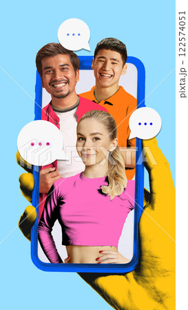 Textured hand holding smartphone with three people inside and speech bubbles representing online messages. Conceptual art collage. Textured hand holding smartphone with three people inside and speech bubbles representing online messages. Conceptual art collage. 122574051