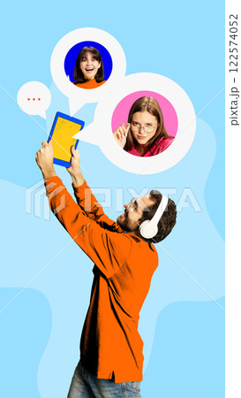 Man in headphones raising tablet upwards with chat bubbles and profile images, symbolizing online conversation. Conceptual art collage. 122574052