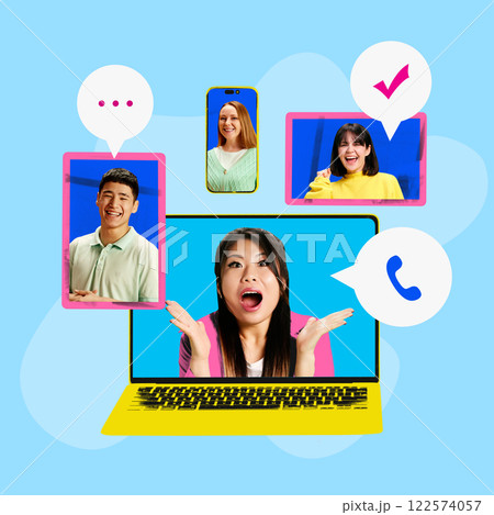 Excited woman into laptop screen with multiple digital icons with people. Video conference, online video call. Conceptual art collage. Excited woman into laptop screen with multiple digital icons with people. Video conference, online video call. Conceptual art collage. 122574057