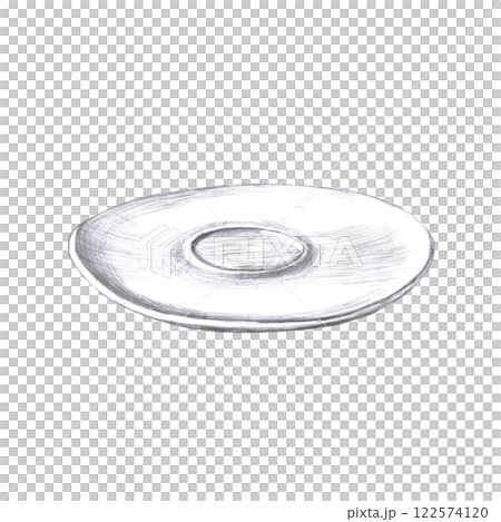 Saucer for coffee cup in pencil. Isolated illustration in realistic style for restaurant menu design, cafes interior decoration. Saucer for coffee cup in pencil. Isolated illustration in realistic style for restaurant menu design, cafes interior decoration. 122574120