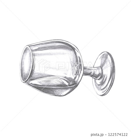 Lying glass with cognac in pencil. Isolated illustration in realistic style on the theme of drinks for restaurant menu design, interior decoration of drinking establishments. 122574122