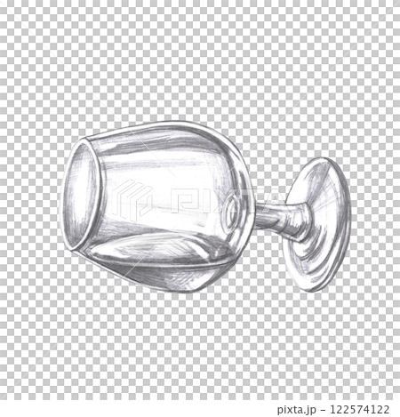 Lying glass with cognac in pencil. Isolated illustration in realistic style on the theme of drinks for restaurant menu design, interior decoration of drinking establishments. 122574122
