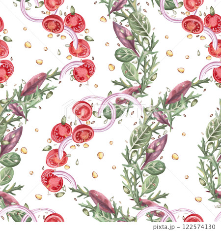 Seamless pattern with juicy tomatoes salad greens. Watercolor illustration on the theme of food for menu and restaurant interior design, gastronomic festival design. Seamless pattern with juicy tomatoes salad greens. Watercolor illustration on the theme of food for menu and restaurant interior design, gastronomic festival design. 122574130