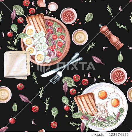 Seamless pattern with country and English breakfast on black background. Watercolor illustration on breakfast theme for restaurant menu and interior design, gastronomic festivals design. Seamless pattern with country and English breakfast on black background. Watercolor illustration on breakfast theme for restaurant menu and interior design, gastronomic festivals design. 122574133