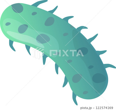 Cartoonish illustration featuring a vibrant green virus cell, complete with small spikes adorning its membrane, set against a clean white background for clear visibility Cartoonish illustration featuring a vibrant green virus cell, complete with small spikes adorning its membrane, set against a clean white background for clear visibility 122574169