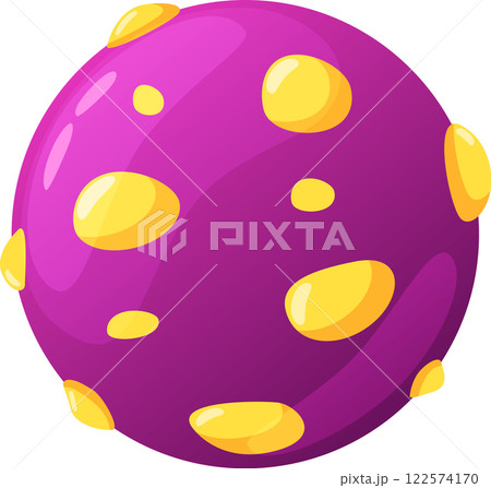 Cartoon style illustration of a purple planet with yellow craters, creating a vibrant and otherworldly scene, perfect for space themed projects 122574170