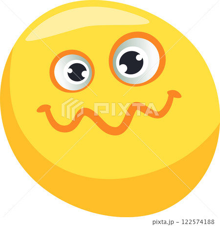 Round yellow emoticon with big eyes, goofy expression and wavy mouth, isolated on white background representing awkwardness, confusion, or shyness 122574188