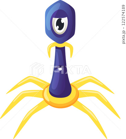 Bacteriophage virus attacking bacteria with yellow legs and blue hexagonal head with one big eye and small mouth, isolated on white background 122574189