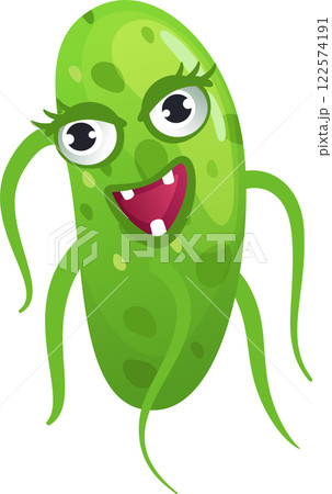 Cartoon illustration of a funny green bacteria with large eyes, thin legs and a smiling mouth showing two teeth, isolated on a white background 122574191
